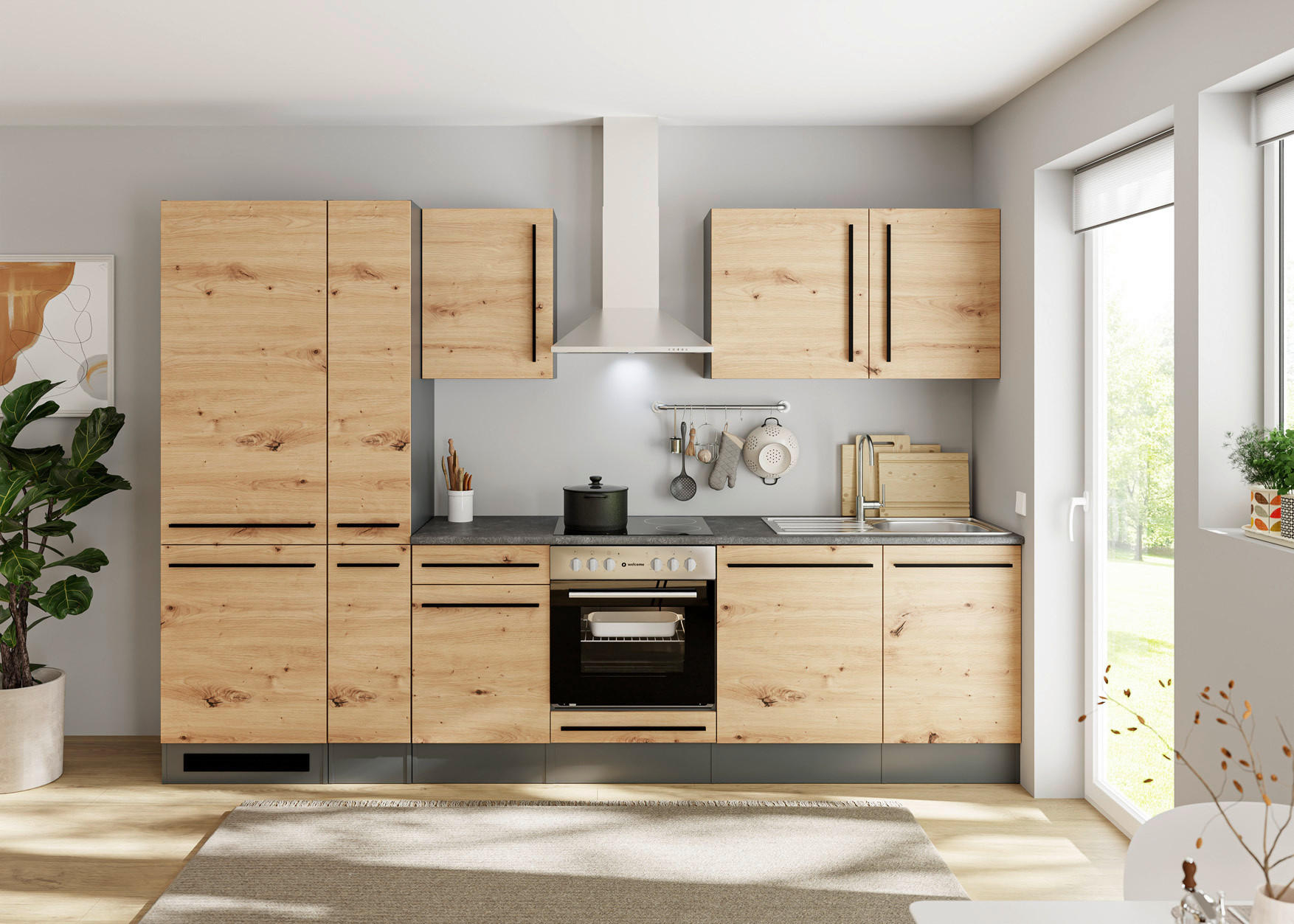 KÜCHENBLOCK 310 cm  in Anthrazit, Eiche Artisan  - Anthrazit/Schwarz, LIFESTYLE, Holzwerkstoff/Kunststoff (310cm) - P & B