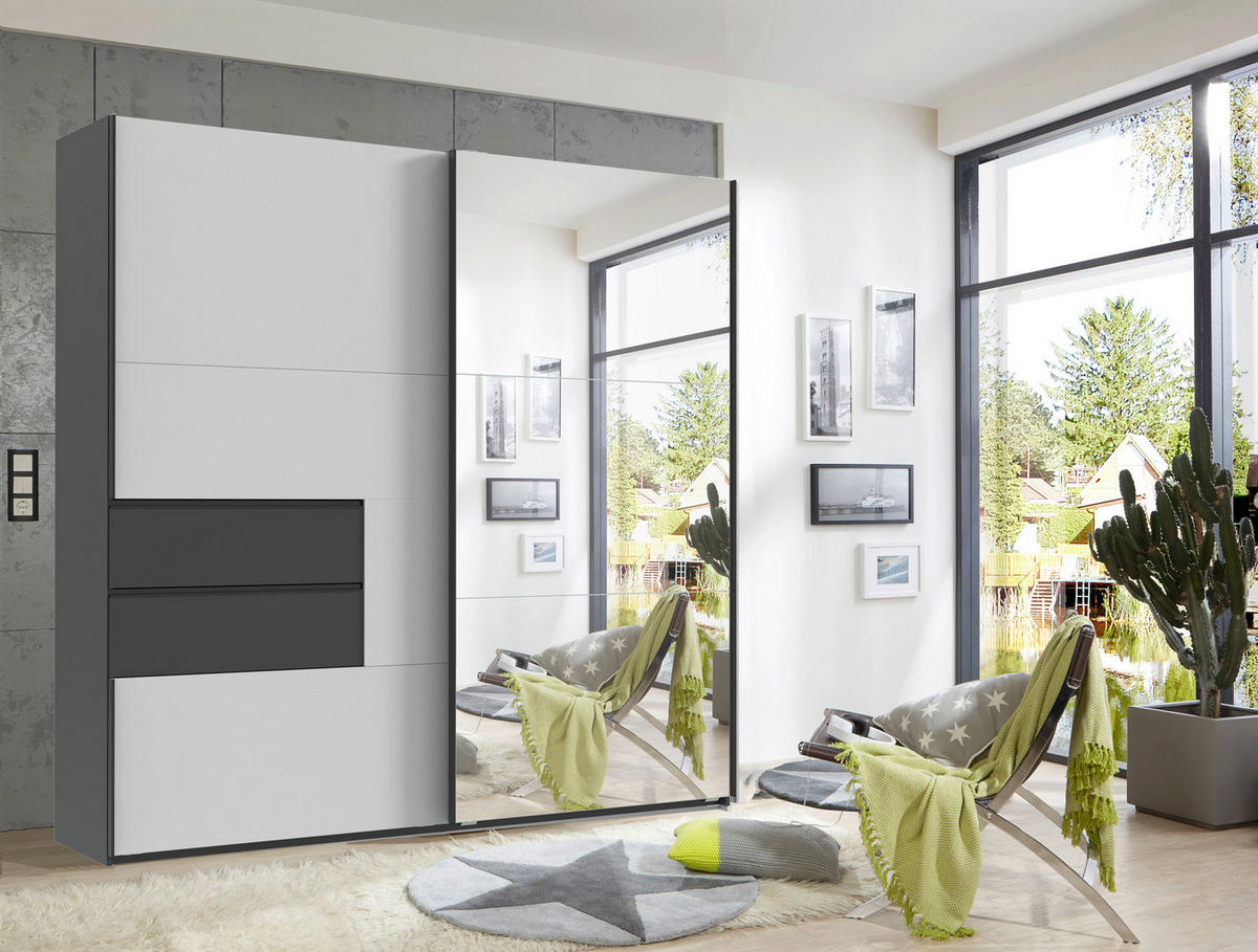 SCHWEBETÜRENSCHRANK 2-türig Graphitfarben, Weiß  - Schwarz/Graphitfarben, Design, Glas/Holzwerkstoff (200/216/65cm) - Stylife