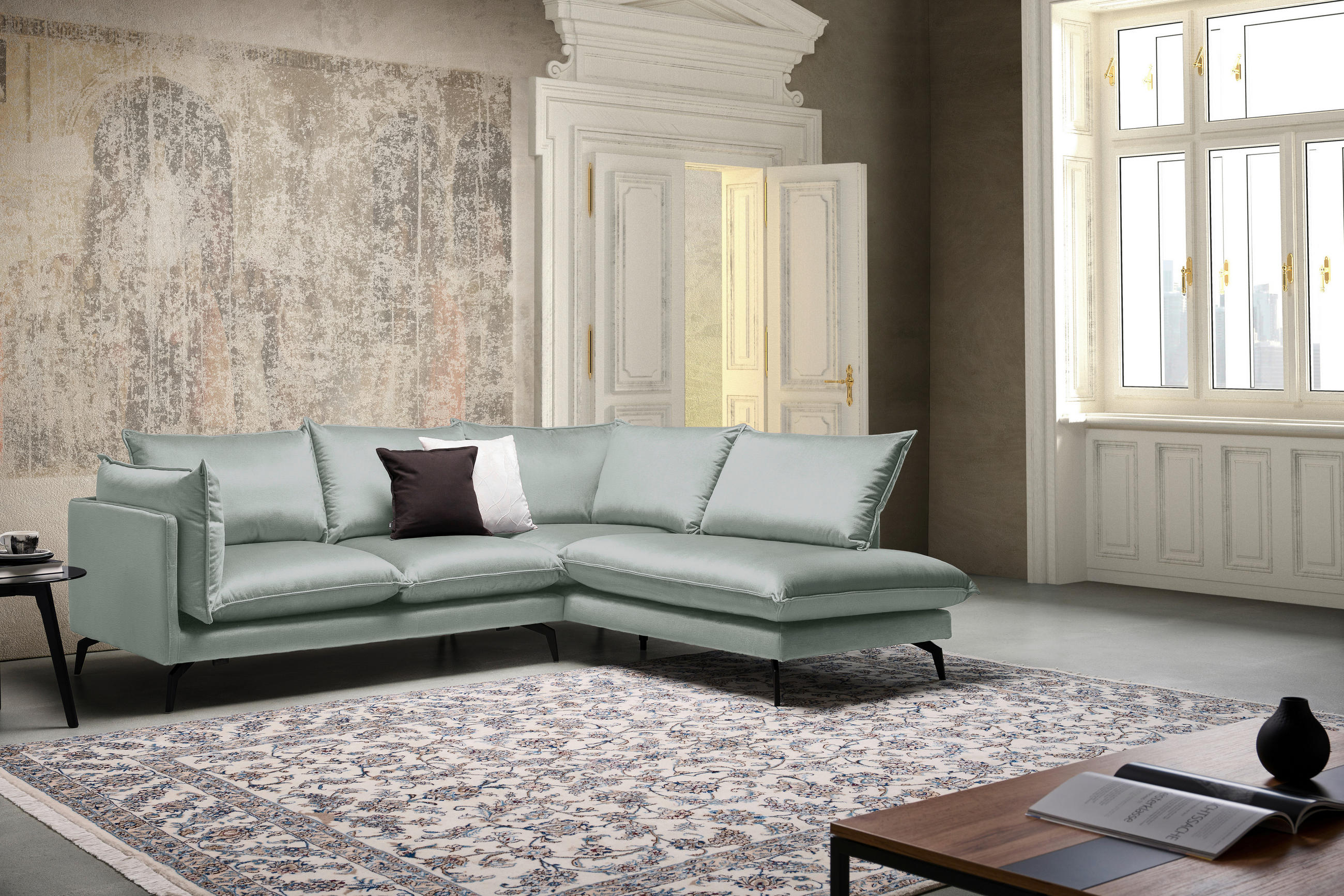 HÖRNSOFFA i sammet ljusgrå  - ljusgrå/svart, Design, metall/textil (241/200cm) - Carryhome