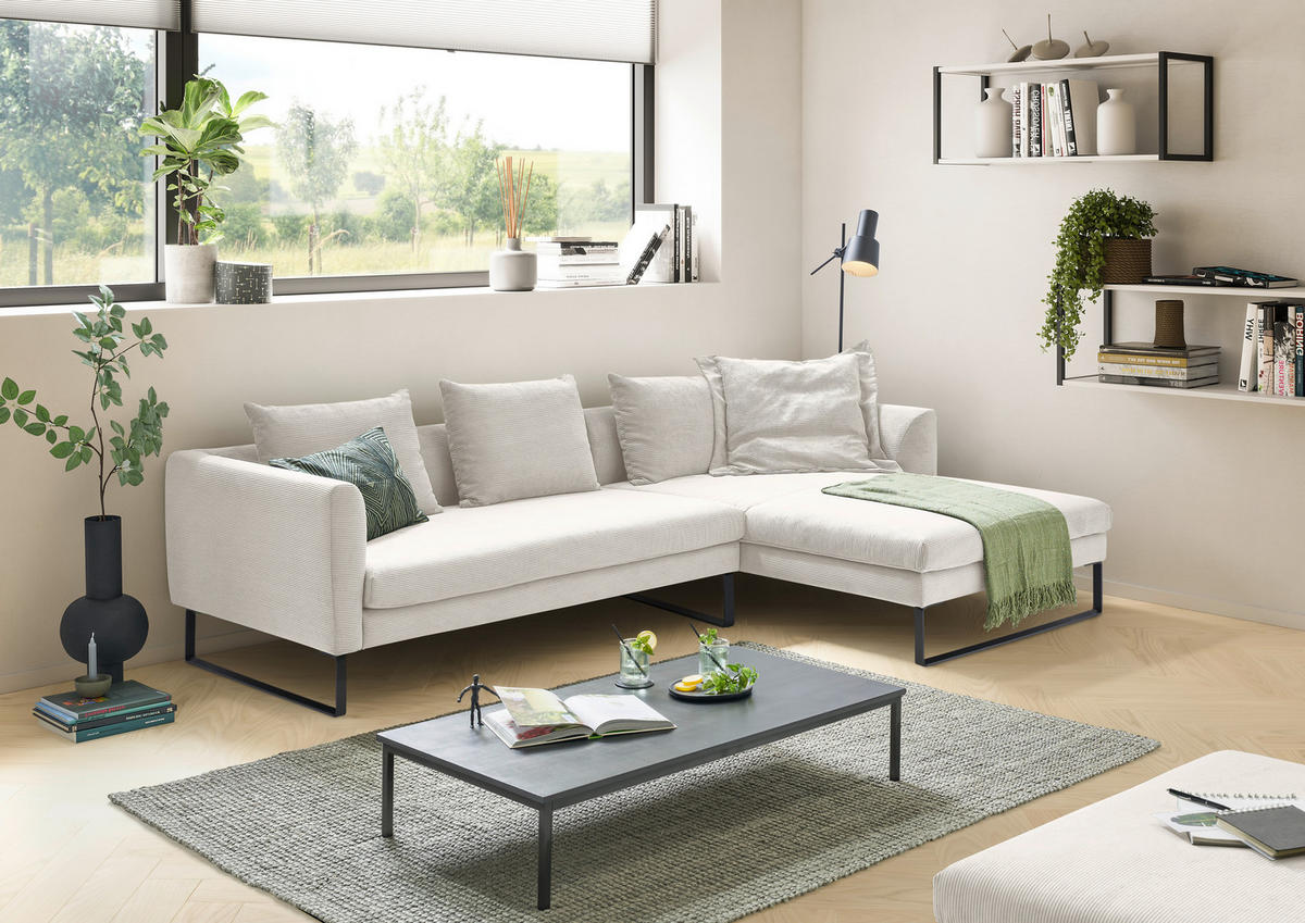ECKSOFA in Feincord Weiss  - Weiss/Schwarz, Konventionell, Textil/Metall (284/178cm) - Hom`in