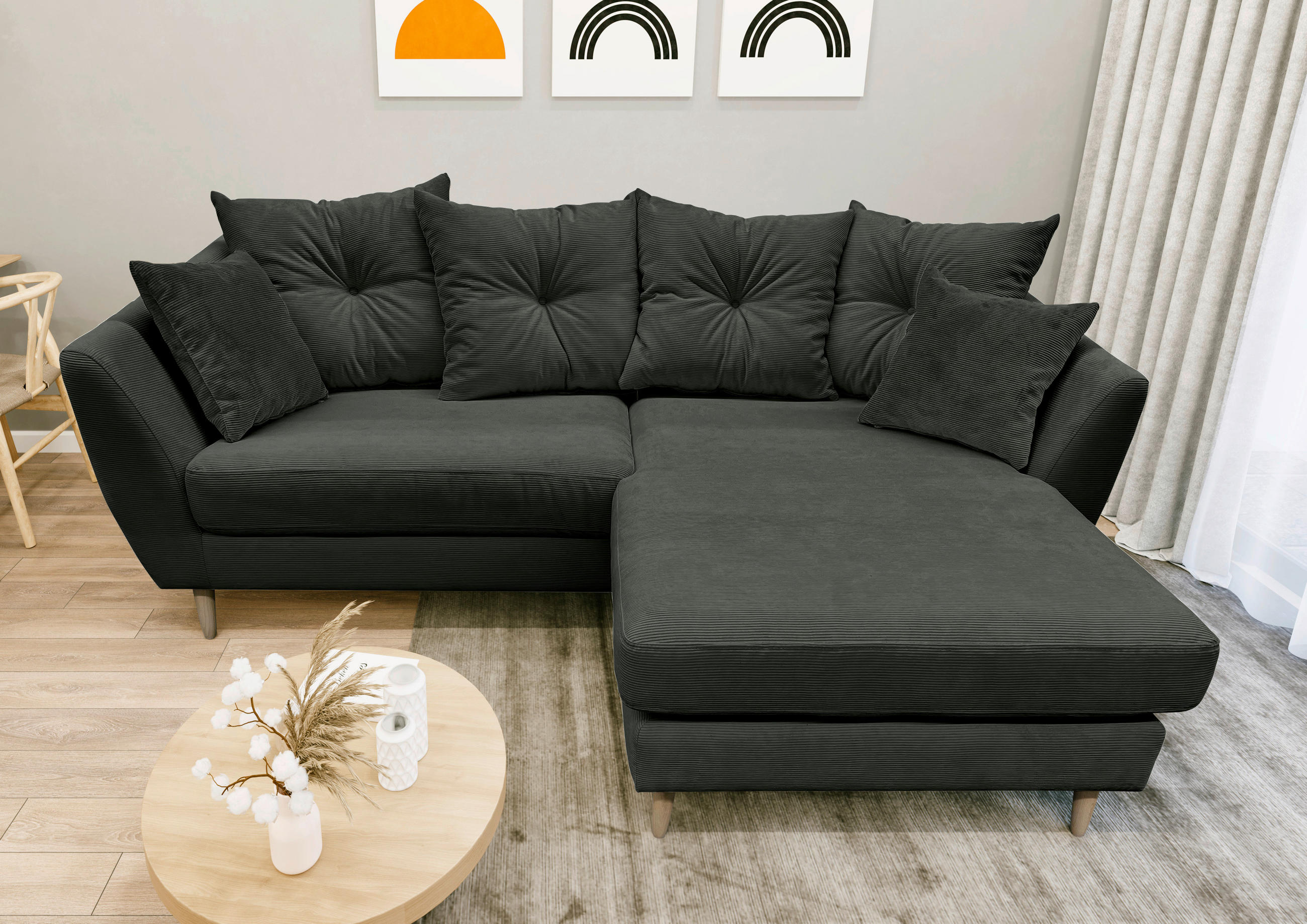 ECKSOFA Dunkelgrün Feincord  - Dunkelgrün/Buchefarben, KONVENTIONELL, Holz/Textil (211/154cm) - Carryhome