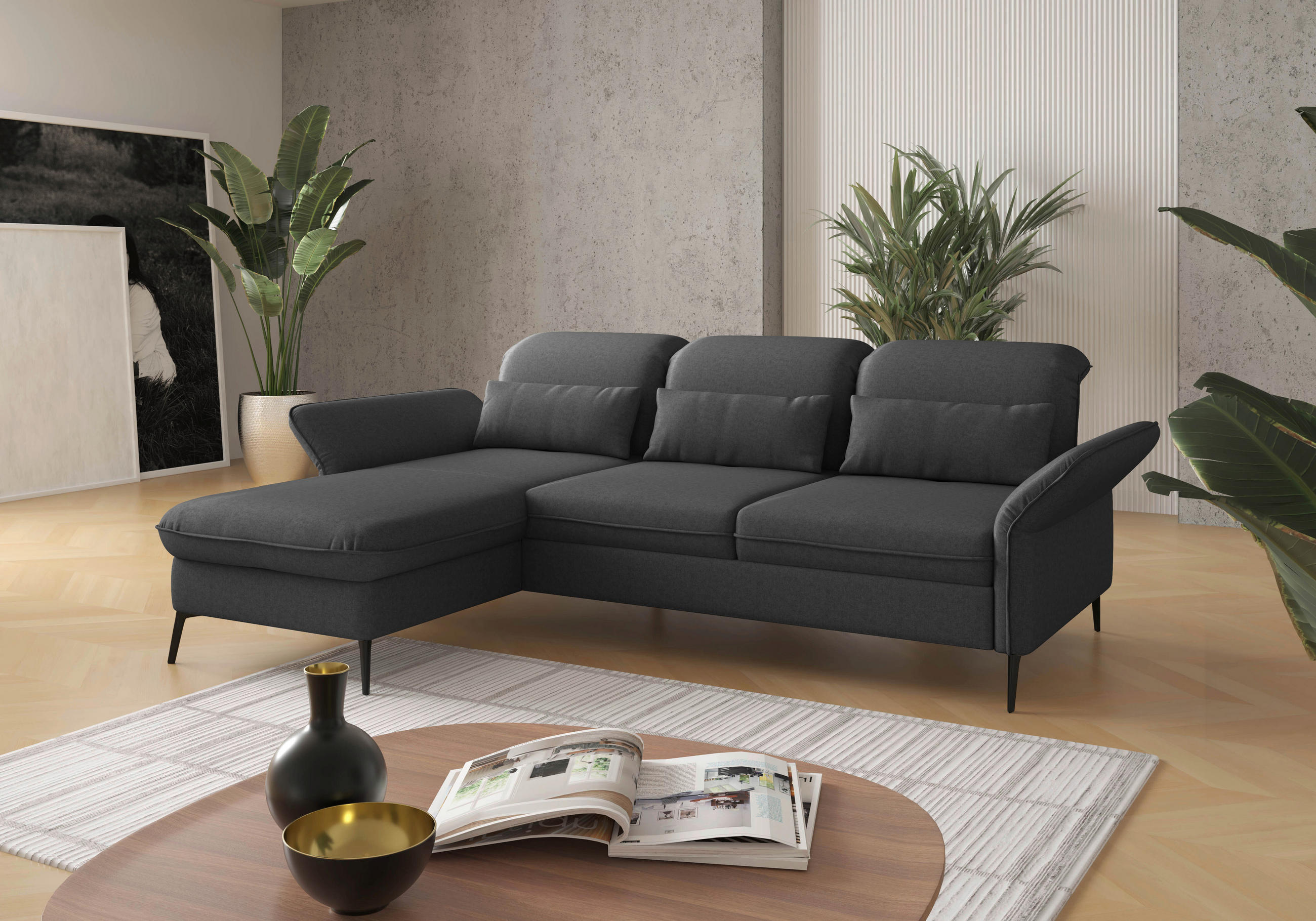 ECKSOFA in Flachgewebe Dunkelgrau  - Dunkelgrau/Schwarz, Konventionell, Textil/Metall (198/264cm) - Sit & More