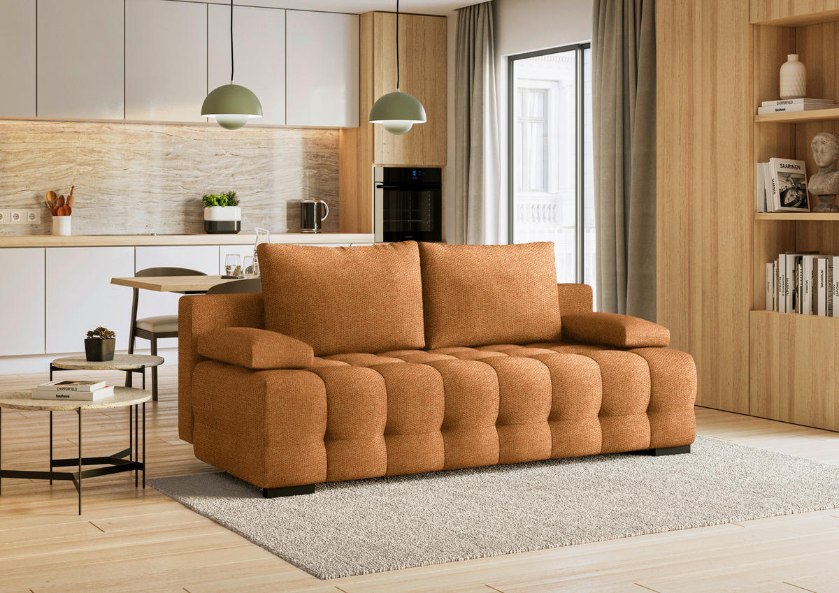 SCHLAFSOFA Jensen  mit Stoffauswahl, Schlafen auf Sitzhöhe, Rücken echt Struktur Currygelb  - Currygelb/Schwarz, KONVENTIONELL, Kunststoff/Textil (209/96/100cm) - Stylife