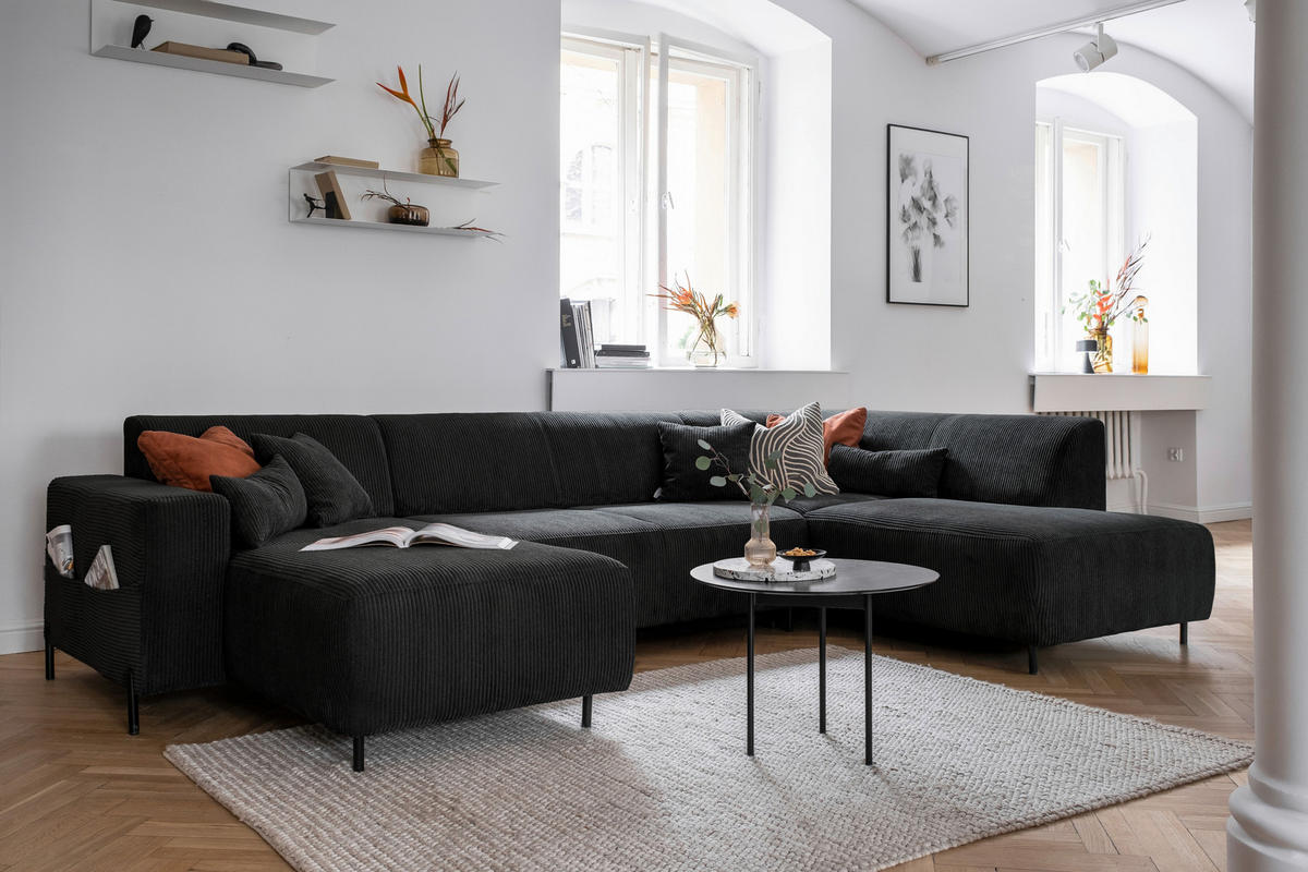 WOHNLANDSCHAFT Dunkelgrau Cord  - Dunkelgrau/Schwarz, Textil/Metall (165/330/192cm) - MID.YOU
