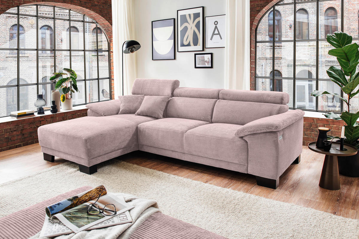 ECKSOFA in Cord Rosa  - Schwarz/Rosa, Design, Holz/Textil (174/270cm) - Pure Home Lifestyle