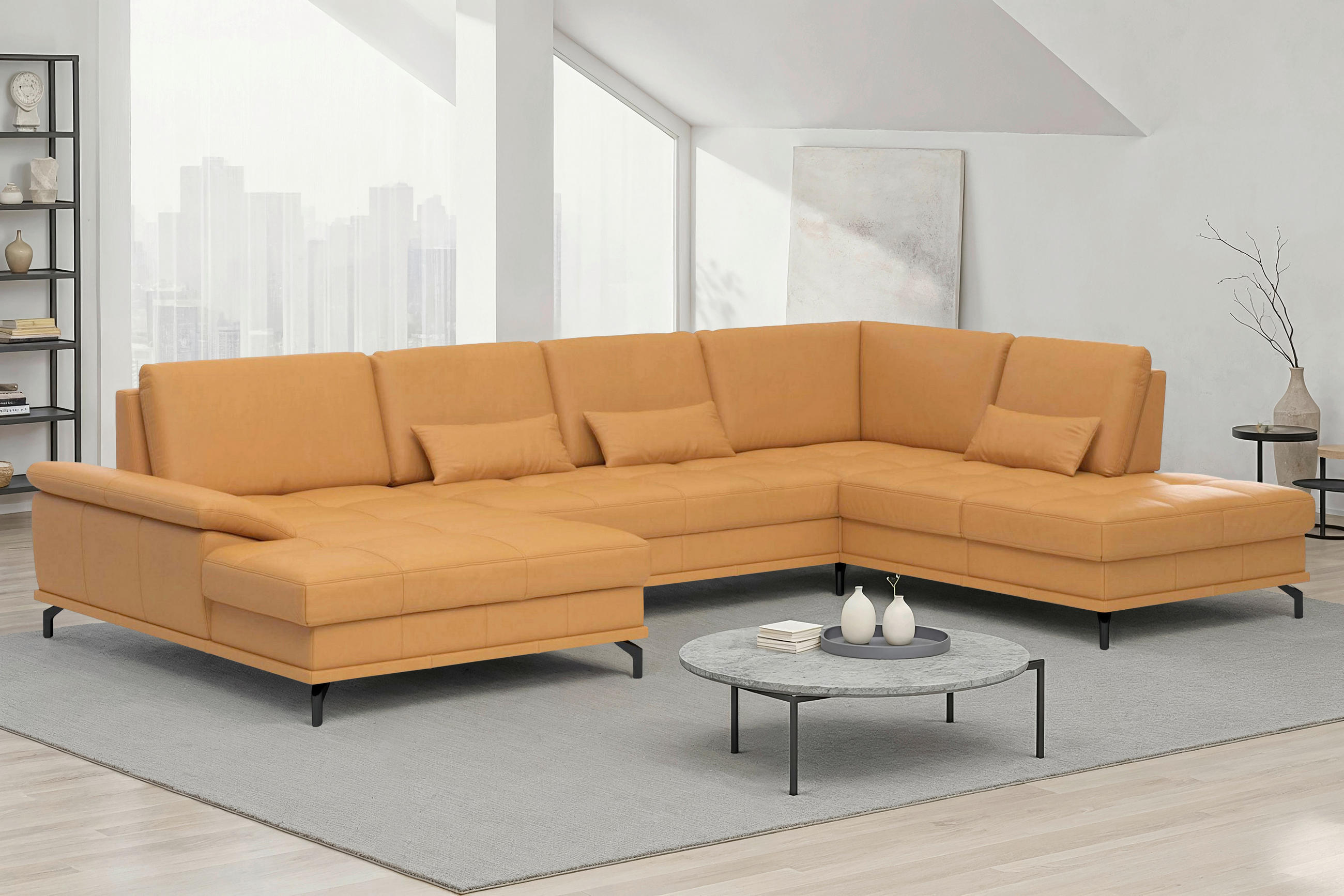 WOHNLANDSCHAFT COSTELLO E Currygelb Echtleder  - Currygelb/Schwarz, Basics, Leder/Metall (176/363/223cm) - Sit & More