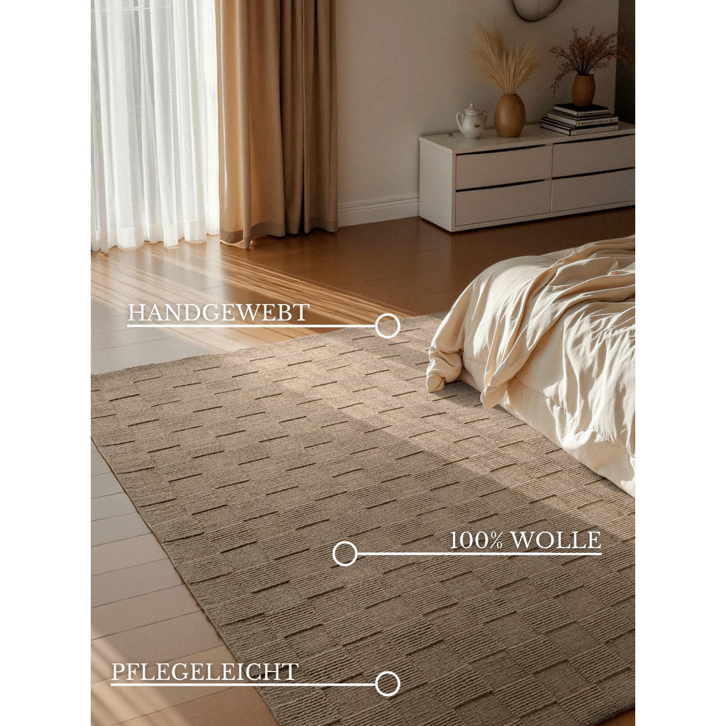 Thumbnail - Villeroy & Boch Wollteppich Kollektion 1766, Hellbraun, Textil, Karo, rechteckig, 200x300 cm, Care & Fair, Oeko-Tex® Sta...