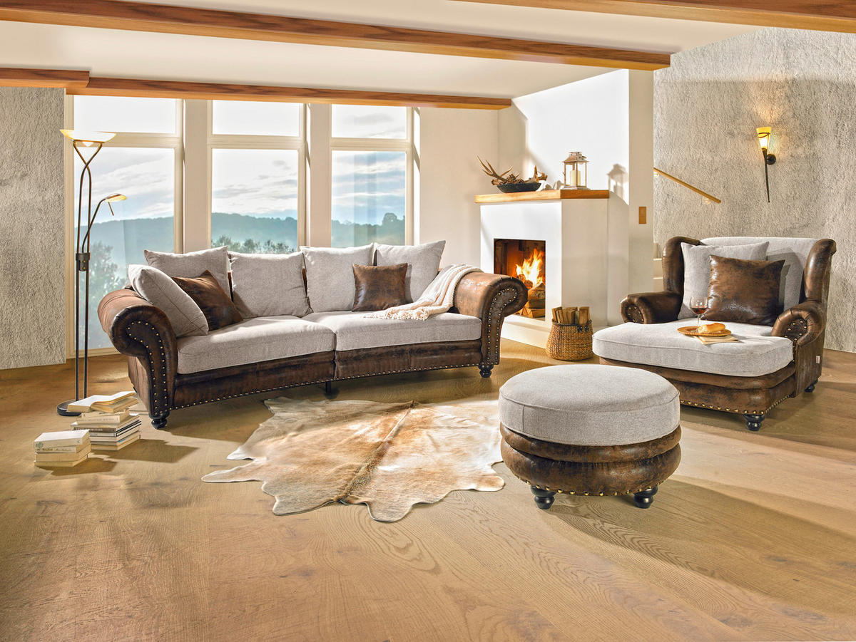 MEGASOFA in Lederlook, Webstoff Braun, Beige  - Beige/Schwarz, Romantik / Landhaus, Holz/Textil (276/81/140cm) - Landscape