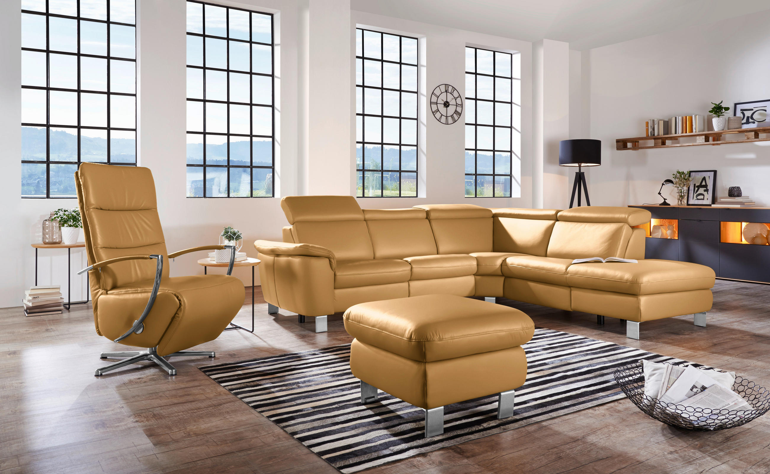 ECKSOFA in Echtleder Cognac  271/239 cm  - Cognac/Alufarben, Design, Leder/Metall (271/239cm) - Cantus