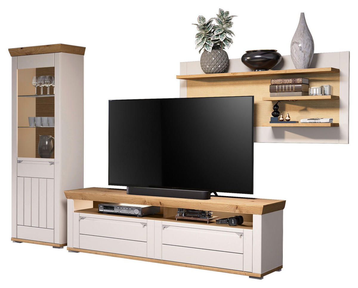 WOHNWAND  in Kaschmir, Eiche Artisan  330/208/53 cm  - Kaschmir/Eiche Artisan, ROMANTIK / LANDHAUS, Glas/Holzwerkstoff (330/208/53cm) - Landscape