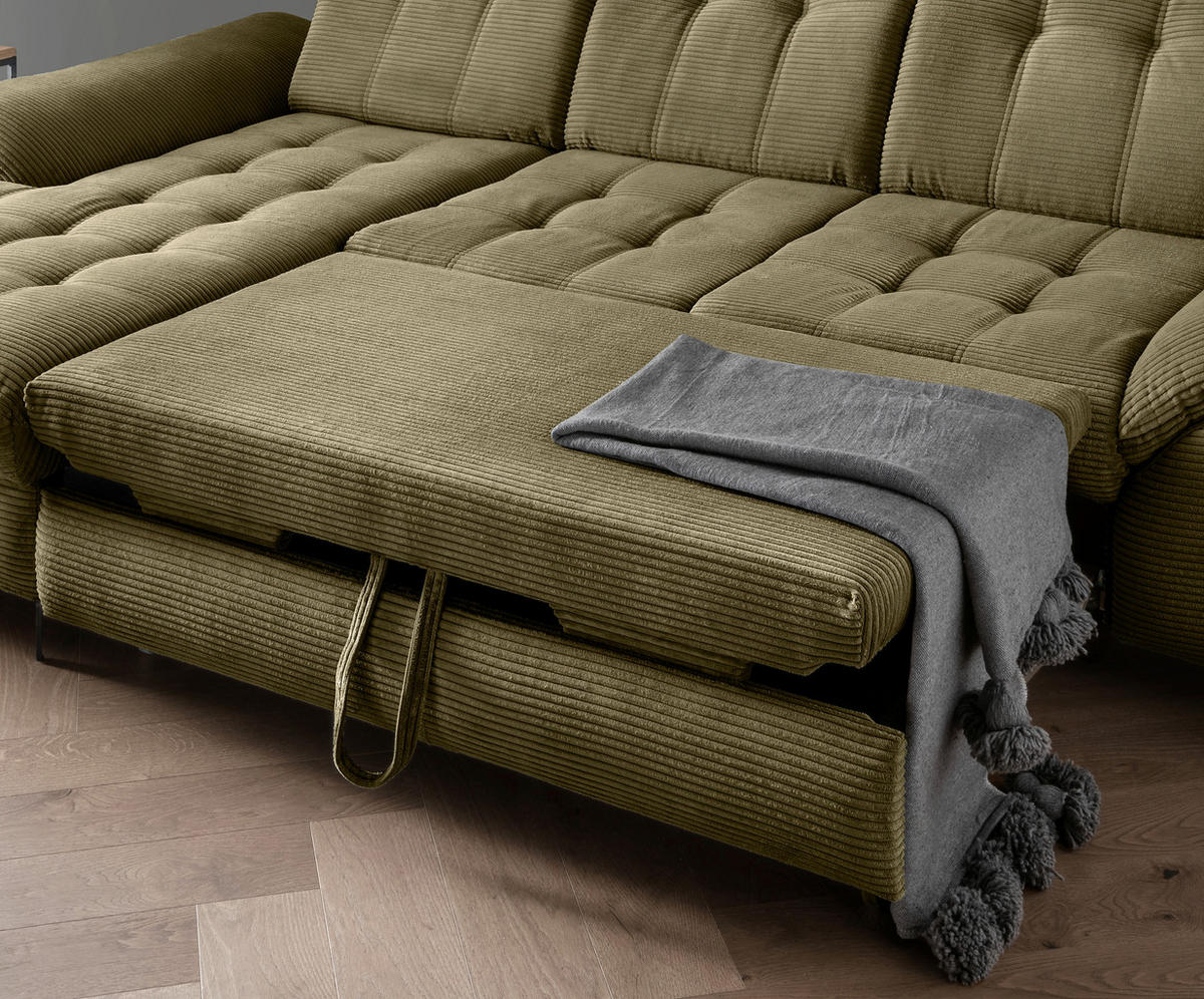 ECKSCHLAFSOFA in Cord Olivgrün  - Schwarz/Olivgrün, Modern, Textil/Metall (189/273cm) - Livetastic