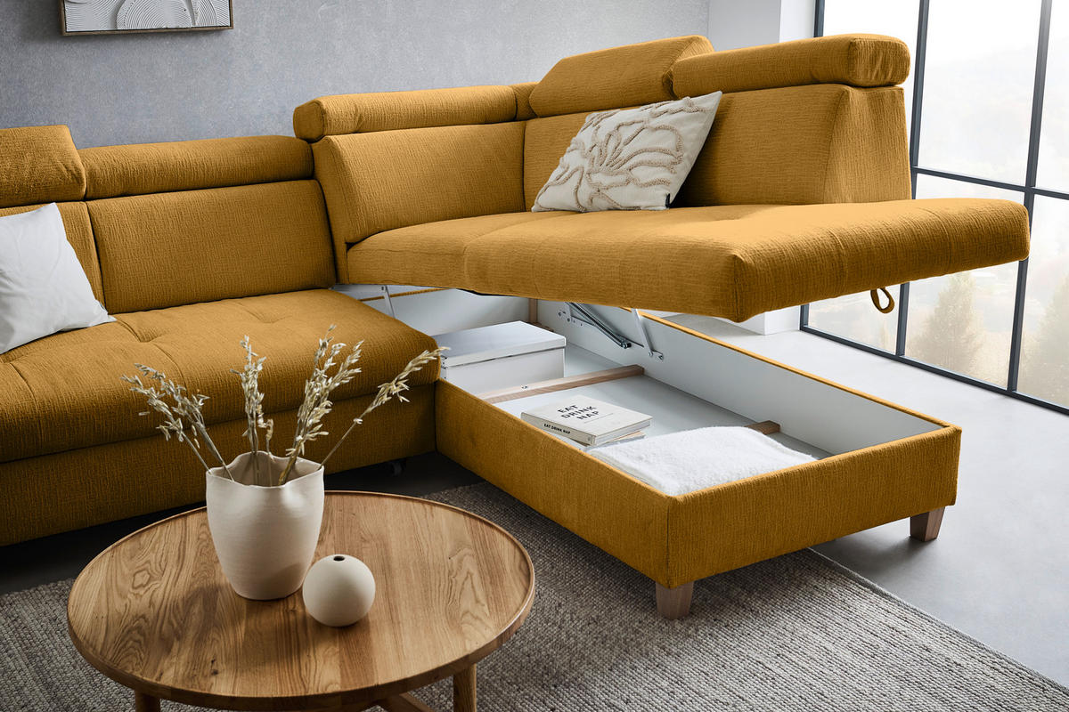 ECKSOFA inkl. Funktionen Senfgelb Samt  - Senfgelb/Bronzefarben, Design, Holz/Textil (261/206cm) - Venda