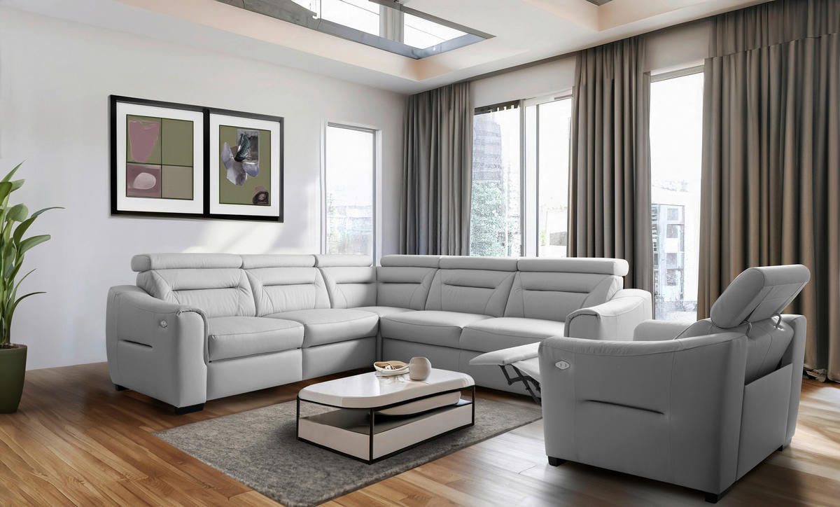 ECKSOFA  in Lederlook Echtleder Platinfarben  - Platinfarben/Wengefarben, Design, Leder/Holz (260/260cm) - Celina Home