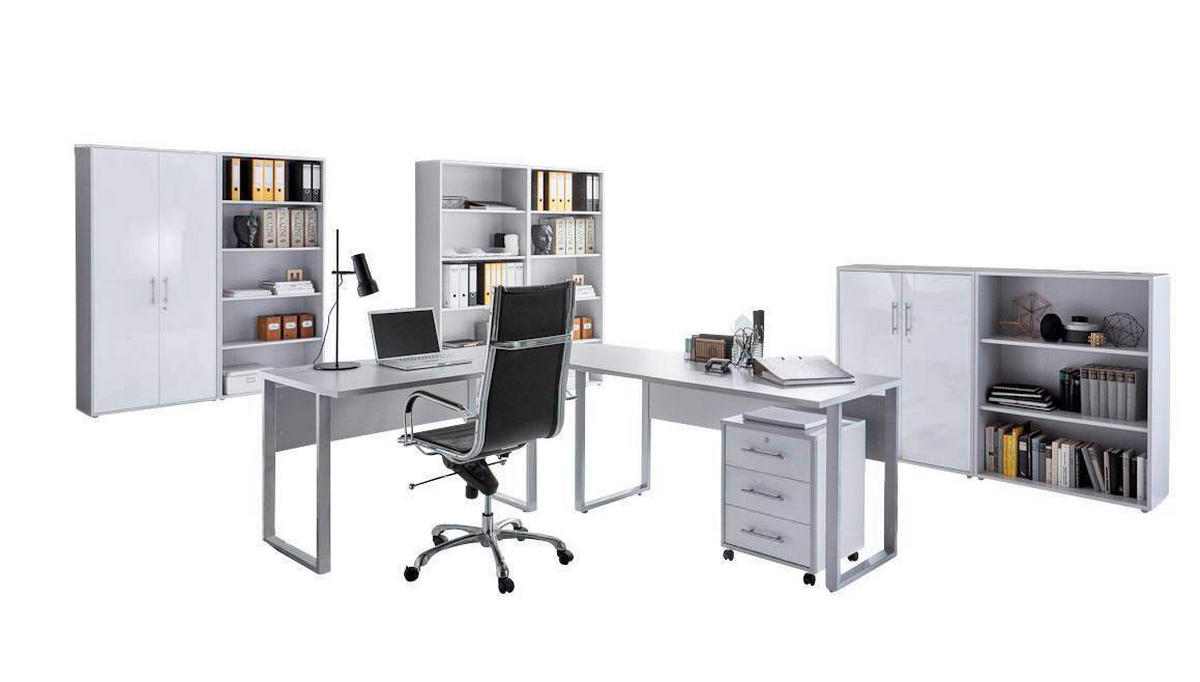 BÜRO - Weiß Hochglanz/Grau, MODERN, Holzwerkstoff/Metall - MID.YOU