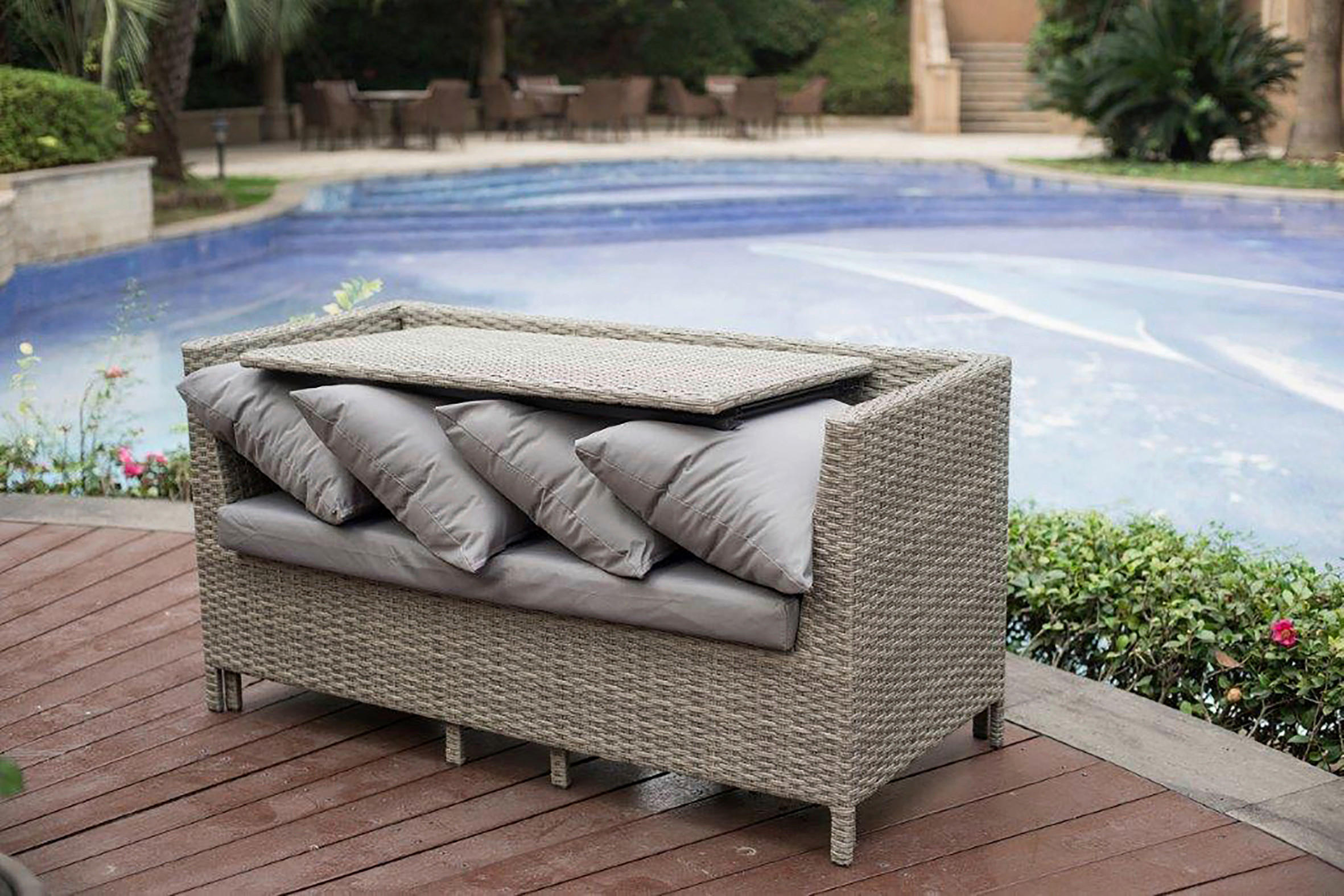 Thumbnail - Ambia Garden Loungegarnitur, Grau, Beige, Kunststoff, 100x53x59 cm, UV-beständig, platzsparend verstaubar, Loungemöbel, ...