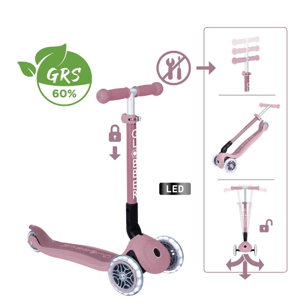 KINDERSCOOTER JUNIOR FOLDABLE LIGHTS ECO  - Beere, Basics, Kunststoff (57.5/28/68cm) - GLOBBER