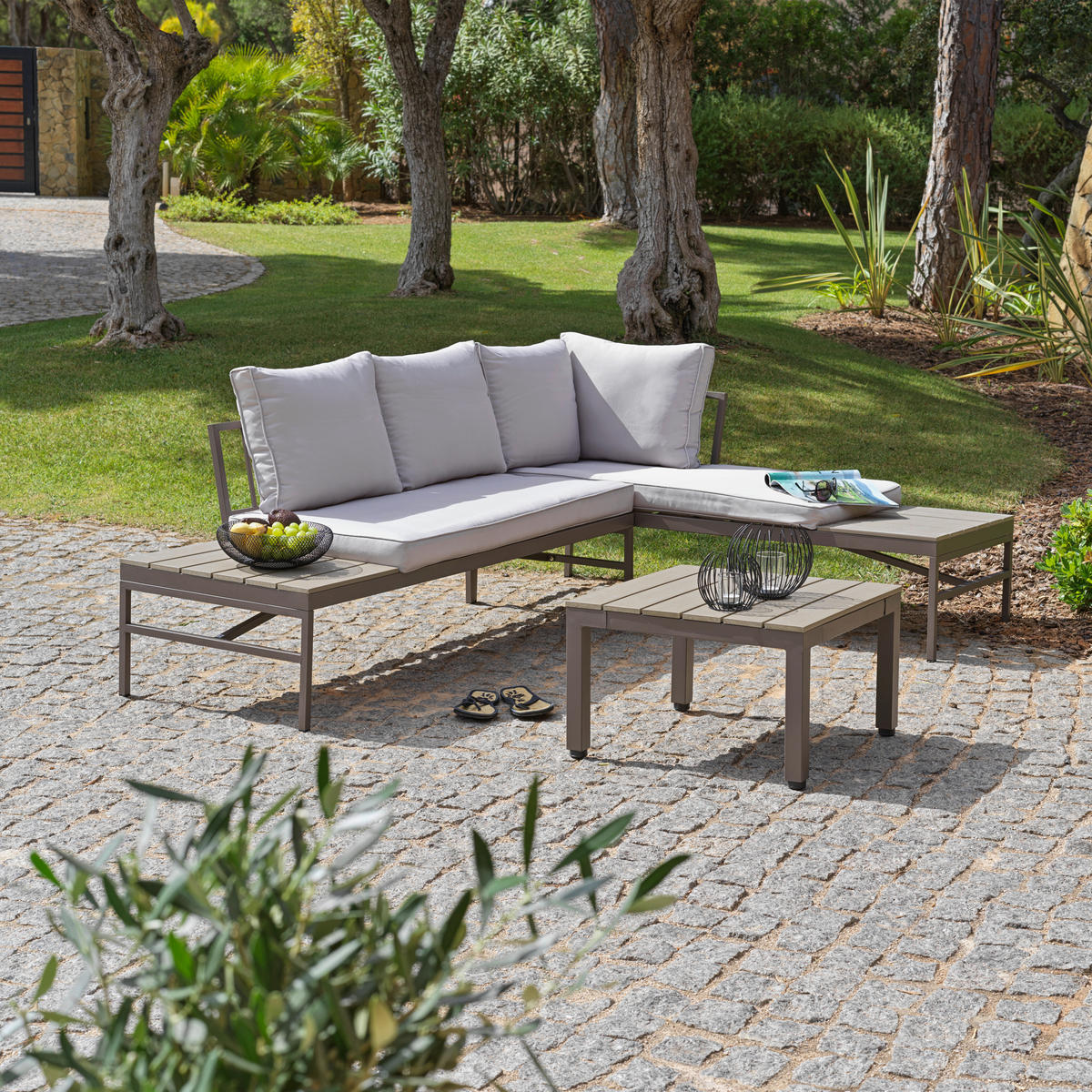 LOUNGEGARNITUR  215/154,5 cm  Stahl  - Braun/Grau, MODERN, Kunststoff/Textil (215/154,5cm) - Luca Bessoni
