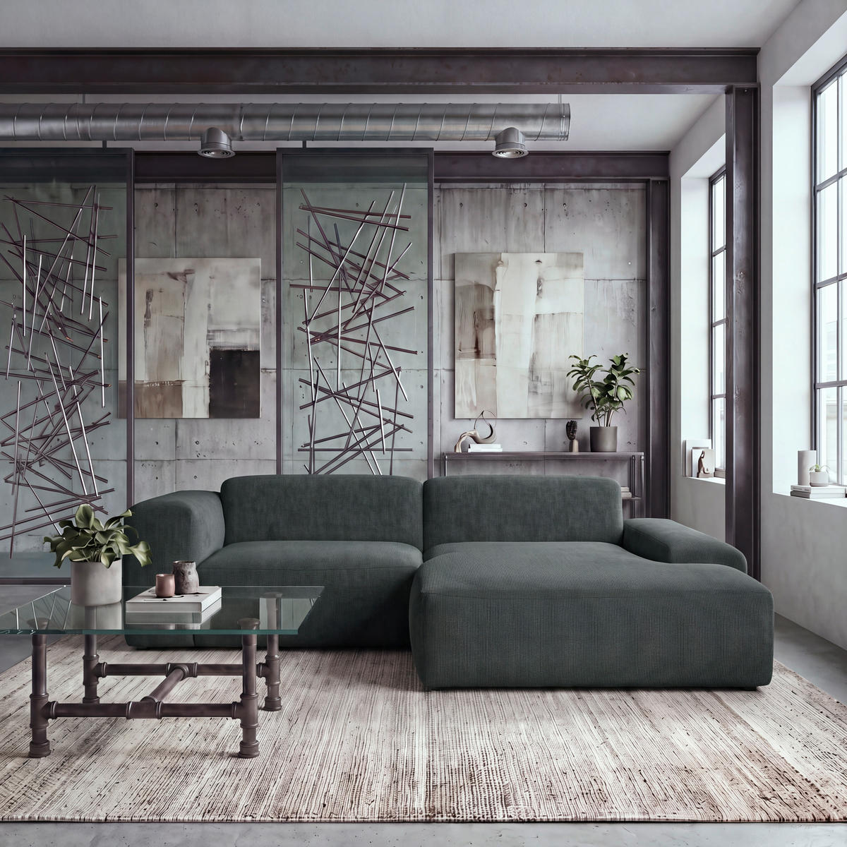 ECKSOFA HANNAH Schwarz Cord  - Schwarz, Design, Kunststoff/Textil (252/170cm) - MID.YOU