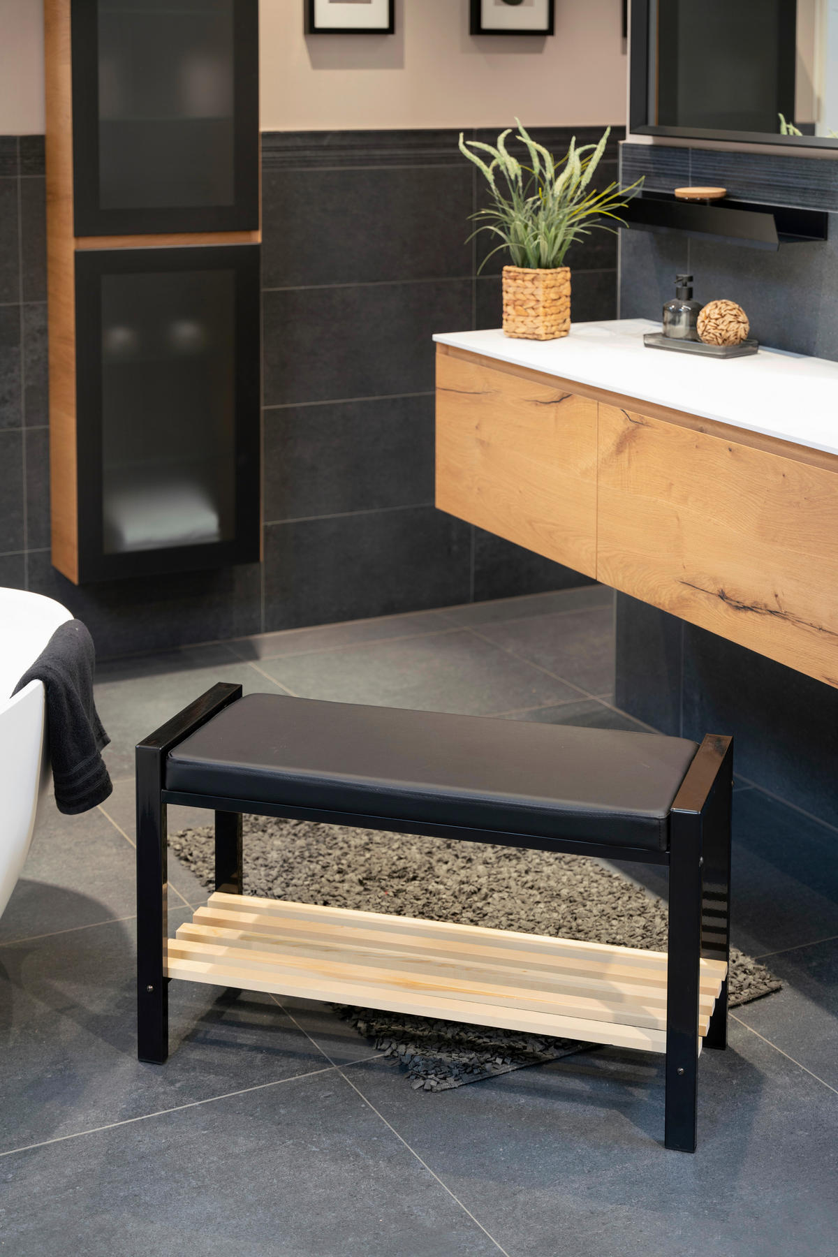 BADHOCKER - Schwarz/Kieferfarben, Basics, Holz/Textil (80/47,5/30cm)