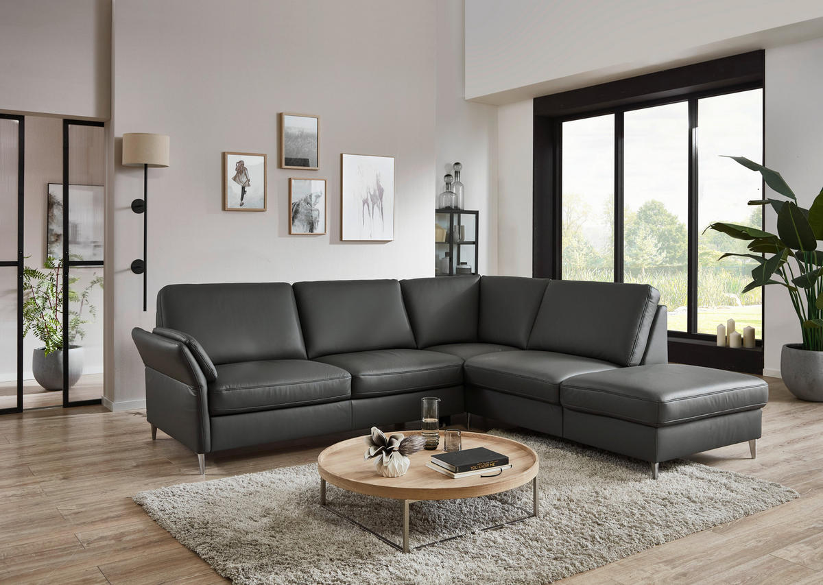 ECKSOFA Beldomo Premium in Echtleder Anthrazit  263/235 cm  - Anthrazit/Alufarben, KONVENTIONELL, Leder/Metall (263/235cm) - Beldomo Premium