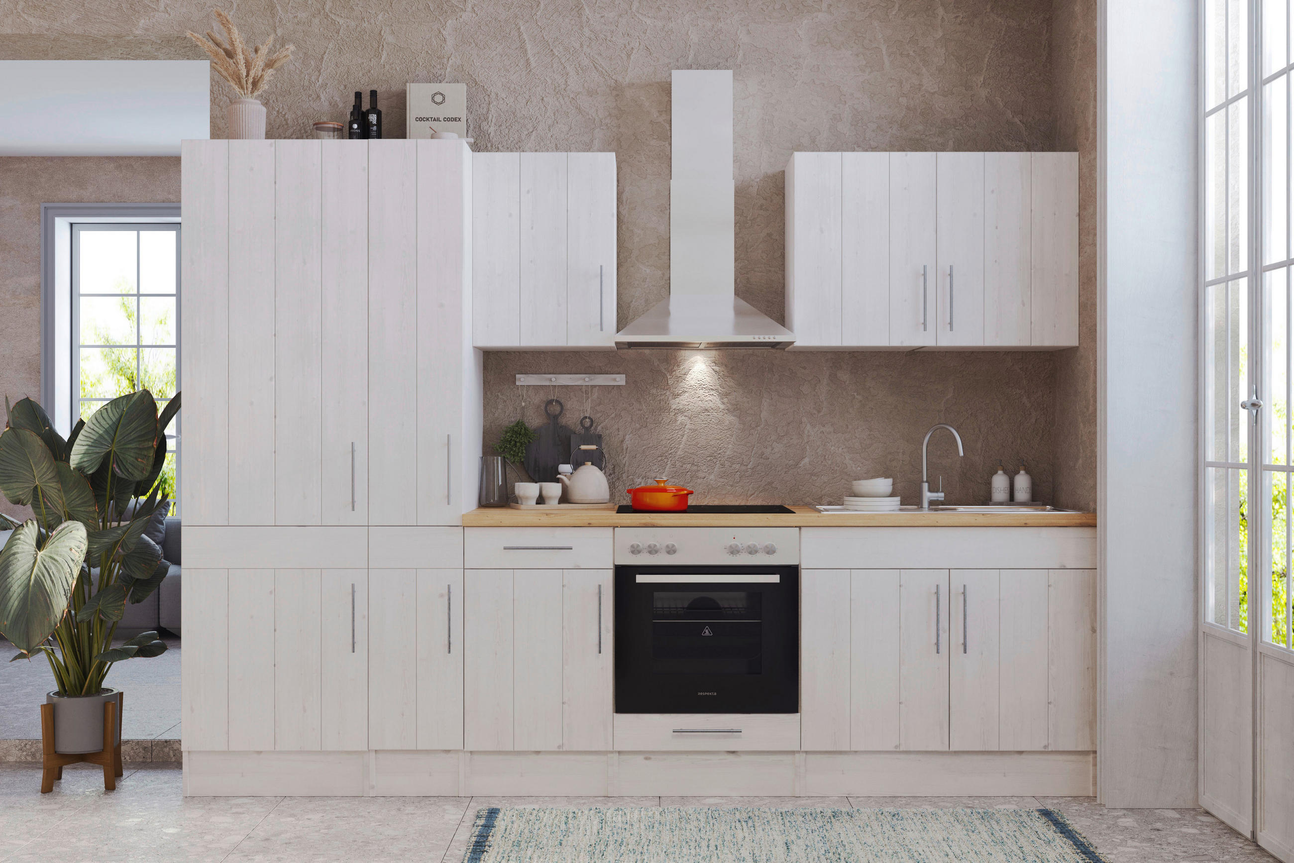 Küchenzeile mit Geräten 300 cm Weiß/Lärche Dekor