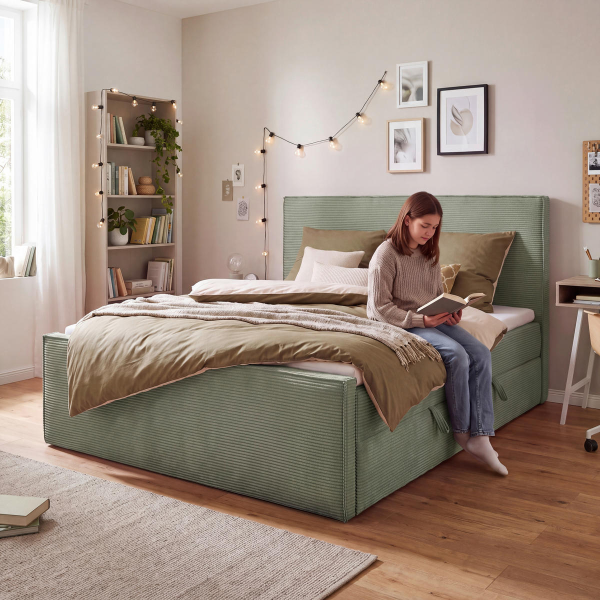 BOXBETT 180/200 cm,  in Grün, gepolstertes Kopfteil, Bettkasten, Topper, Matratzen, H3 + H3 = fest  - Schwarz/Grün, Basics, Kunststoff/Textil (180/200cm) - Chameo