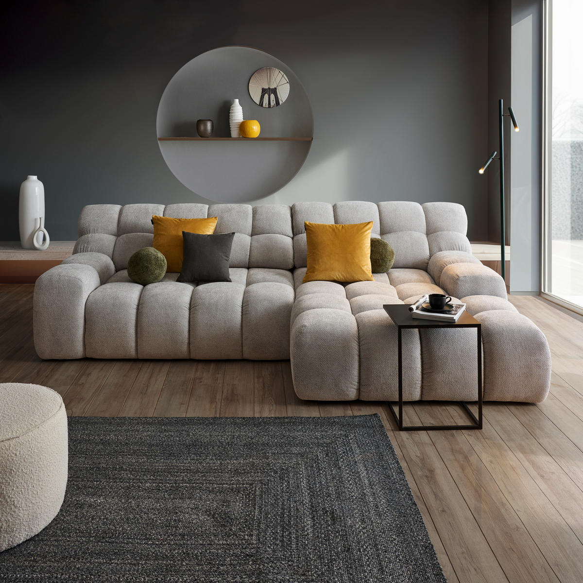 ECKSOFA in Webstoff Silberfarben  - Silberfarben/Schwarz, Modern, Kunststoff/Textil (297/180cm) - Welnova