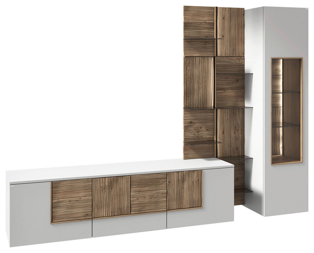 WOHNWAND VLACERA LIVING  in Weiß, Wildeiche  272/196/50 cm  - Wildeiche/Weiß, Design, Glas/Holz (272/196/50cm) - Voglauer