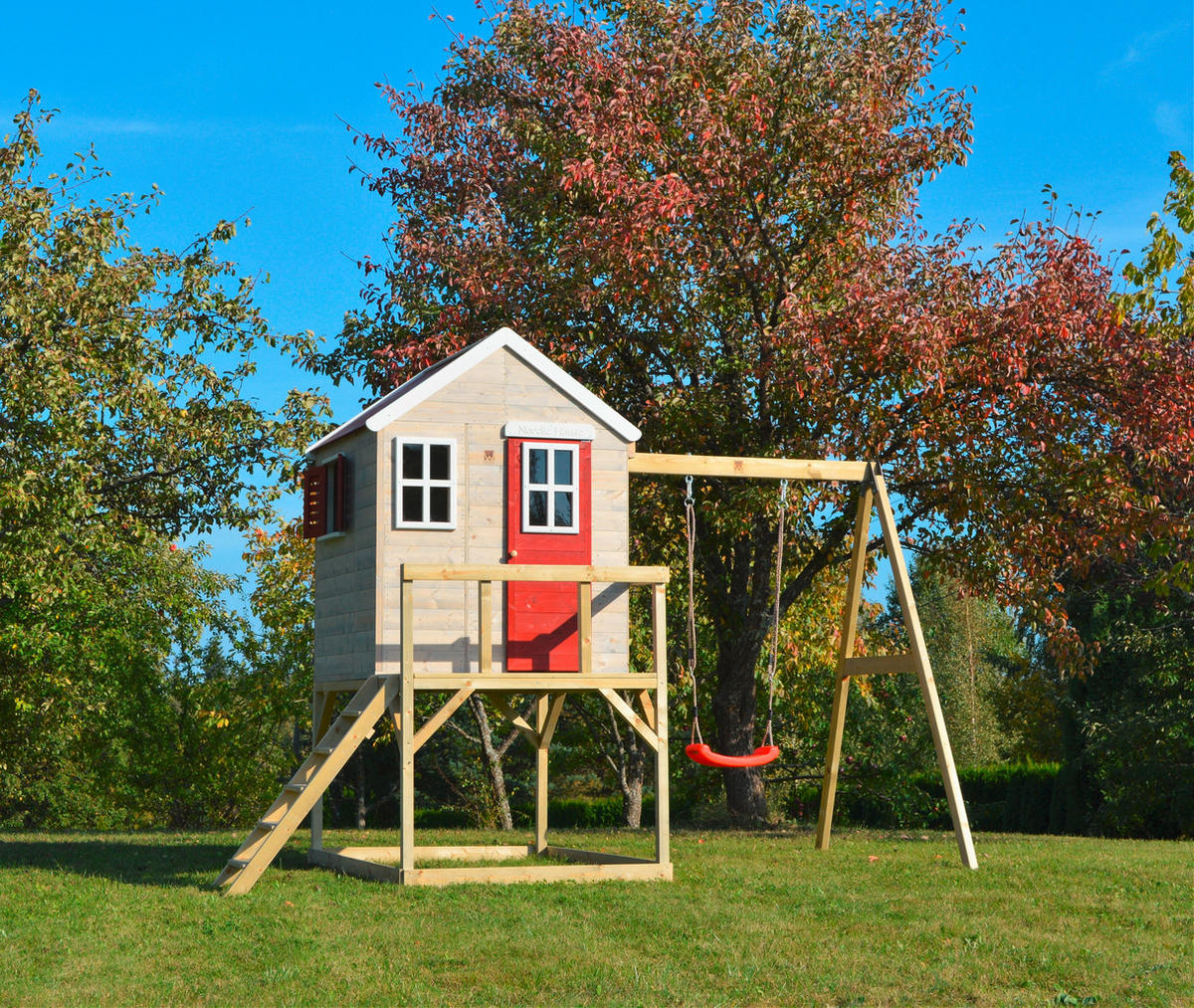 SPIELHAUS 350/242/192 cm  - Rot/Naturfarben, KONVENTIONELL, Holz (350/242/192cm) - Ambia Garden