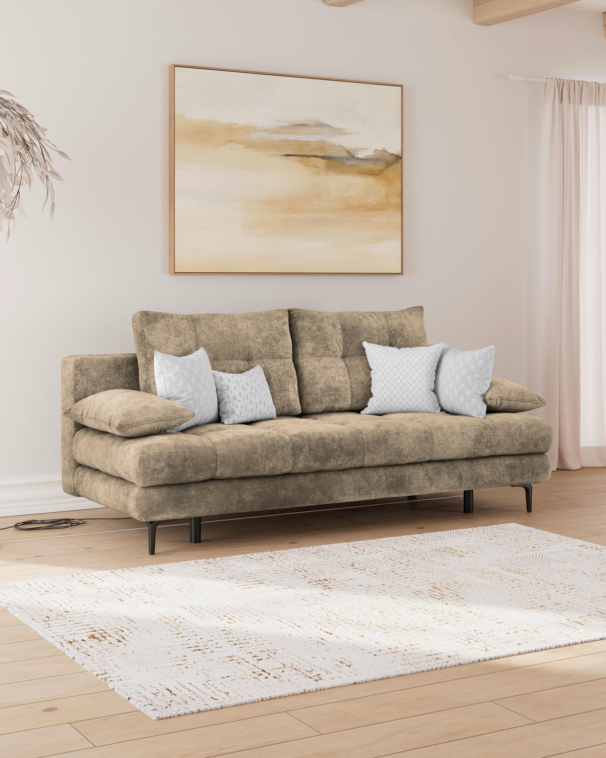 SCHLAFSOFA  mit Liegefunktion, Schlafen auf Sitzhöhe, Rücken echt Chenille Hellbraun  - Hellbraun/Schwarz, KONVENTIONELL, Textil/Metall (203/94/96cm) - Carryhome