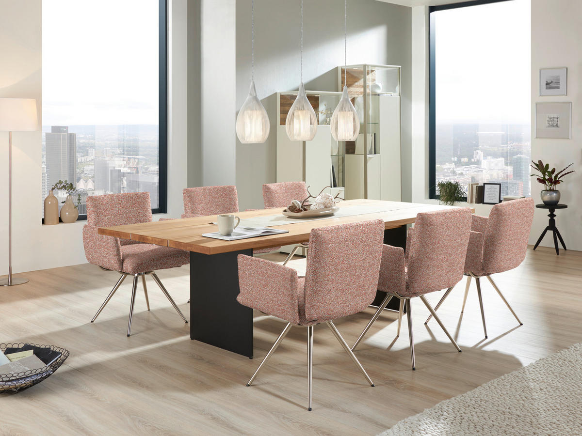 ARMLEHNSTUHL  Lederauswahl, Stoffauswahl, Sitzfläche 360° drehbar, automatische Rückholfunktion Webstoff  - Edelstahlfarben/Rot, Natur, Textil/Metall (72/90/65cm) - Venjakob