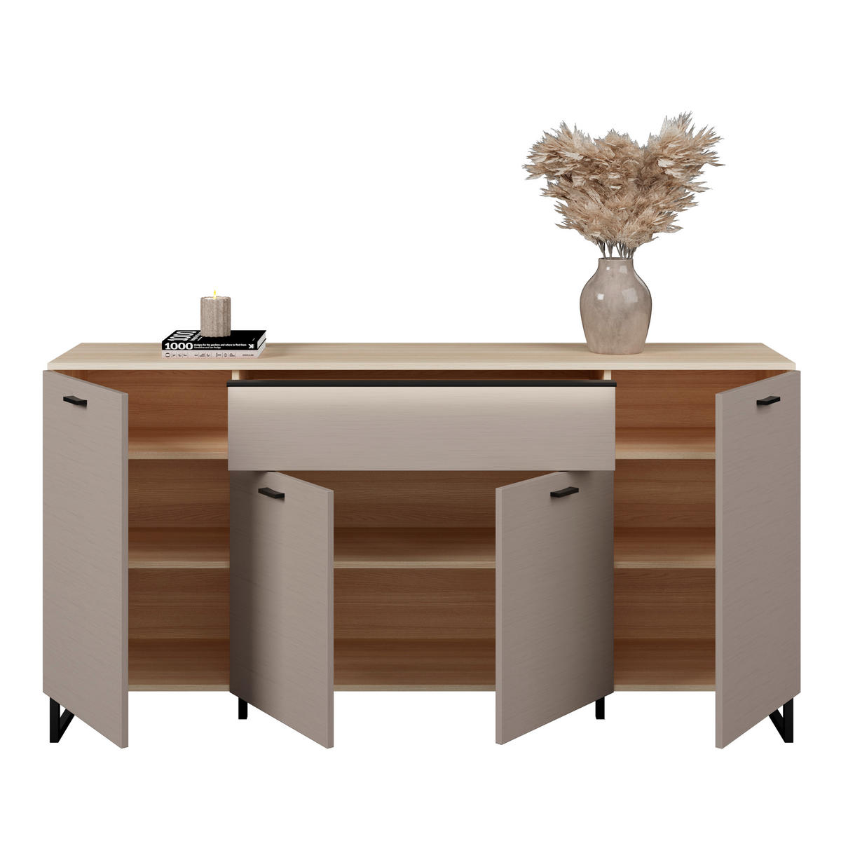 WOHNWAND 284/204/41 cm 4-teilig  in Grau, Eichefarben  284/204/41 cm  LED-Leuchtmittel   - Eichefarben/Schwarz, KONVENTIONELL, Glas/Holzwerkstoff (284/204/41cm) - Carryhome