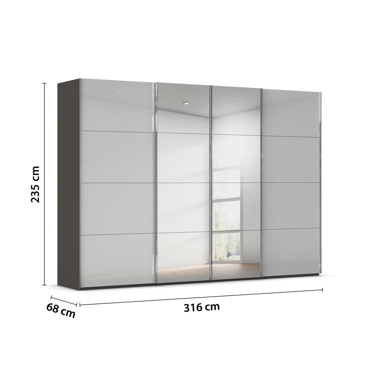 SCHWEBETÜRENSCHRANK 316/235/68 cm 4-türig Graphitfarben, Seidengrau  - Chromfarben/Seidengrau, Design, Glas/Holzwerkstoff (316/235/68cm) - Novel