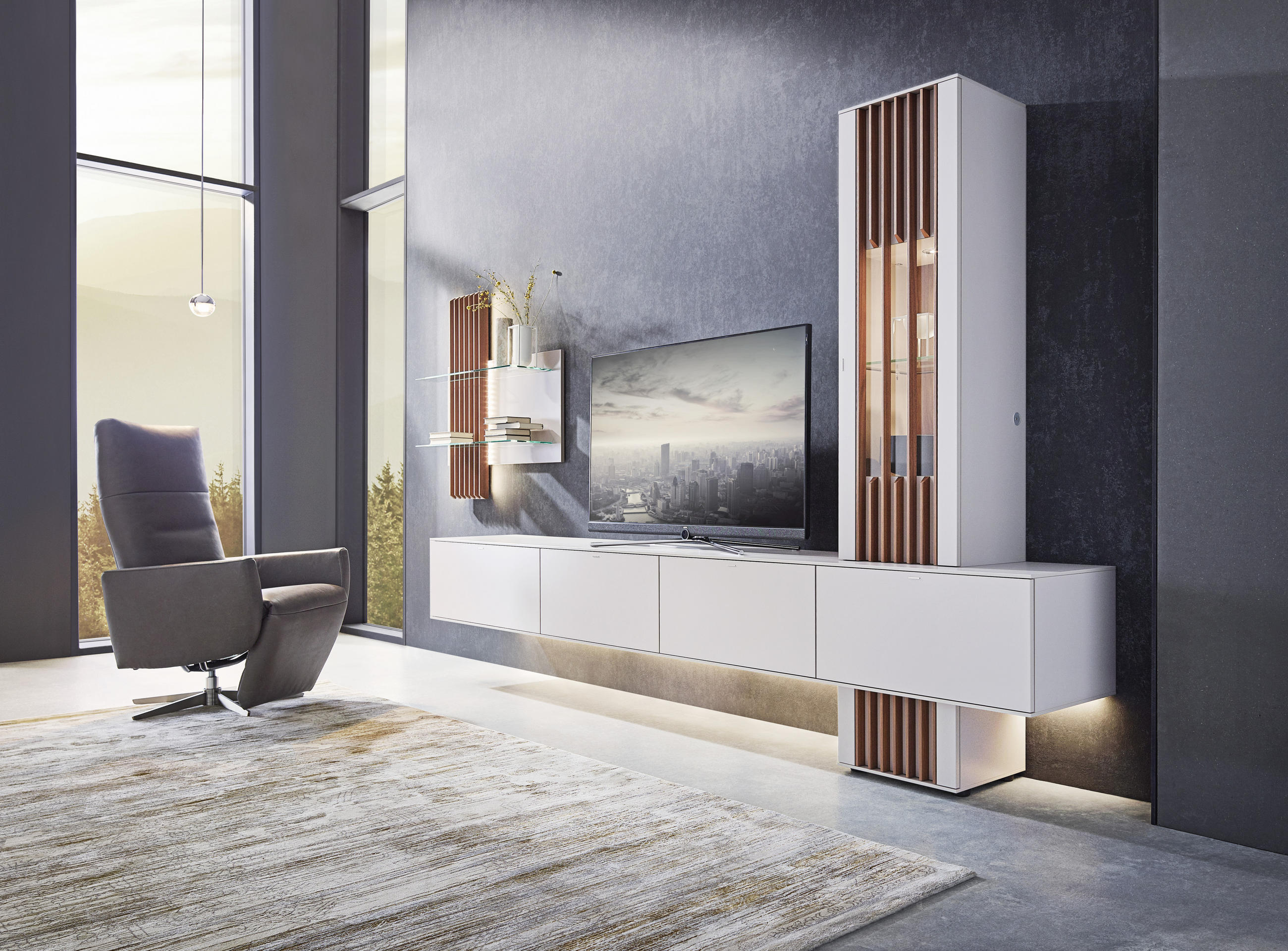 WOHNWAND Nussbaum furniert Grau, Nussbaumfarben - Nussbaumfarben/Grau, Design, Glas/Holz - Ambiente
