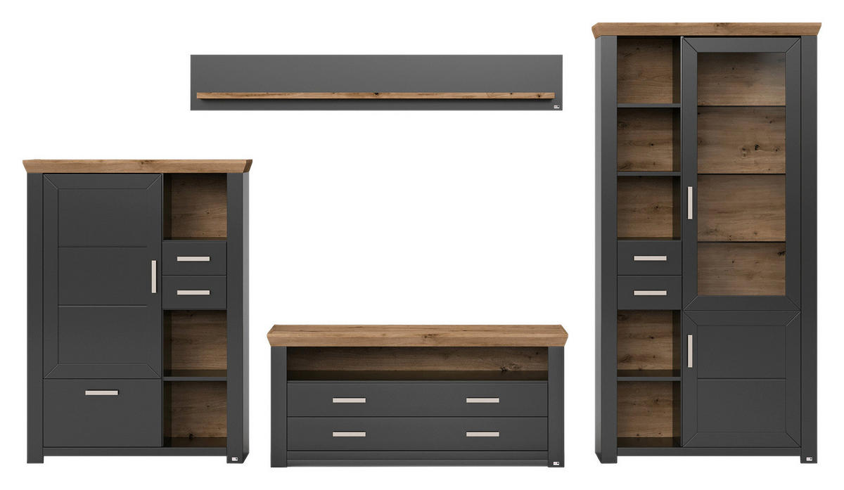 WOHNWAND  in Graphitfarben, Eiche Artisan  370/206,6/51,2 cm  - Graphitfarben/Eiche Artisan, Design, Glas/Holzwerkstoff (370/206,6/51,2cm) - SetOne by Musterring