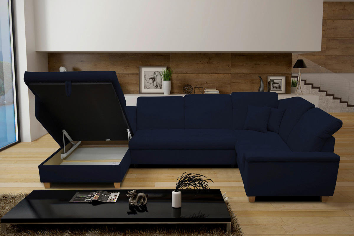 WOHNLANDSCHAFT in Mikrofaser Dunkelblau  - Eichefarben/Dunkelblau, KONVENTIONELL, Holz/Textil (170/352/214cm) - MID.YOU
