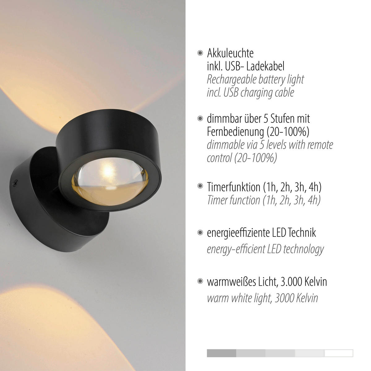 AKKU-WANDLEUCHTE - Weiß, KONVENTIONELL, Kunststoff/Metall (12,4/9/9cm)