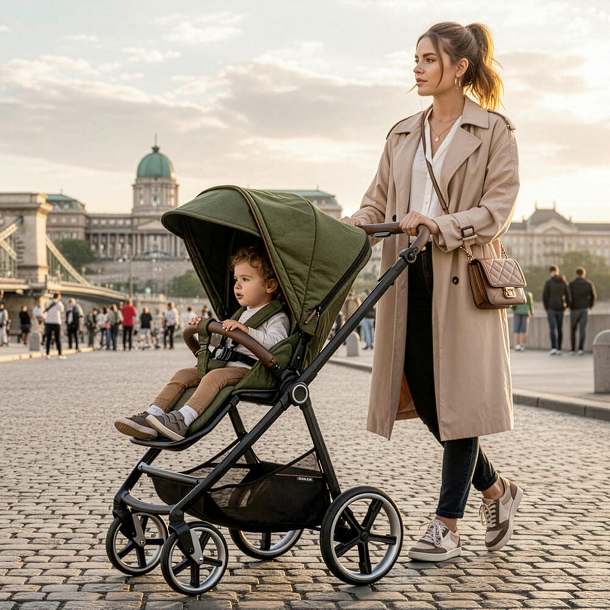 KINDERWAGENSET  Fusion Panorama Lyx Set inkl. Wickeltasche  Moosgrün  - Schwarz/Olivgrün, Basics, Textil/Metall (57/129/100cm) - Gesslein