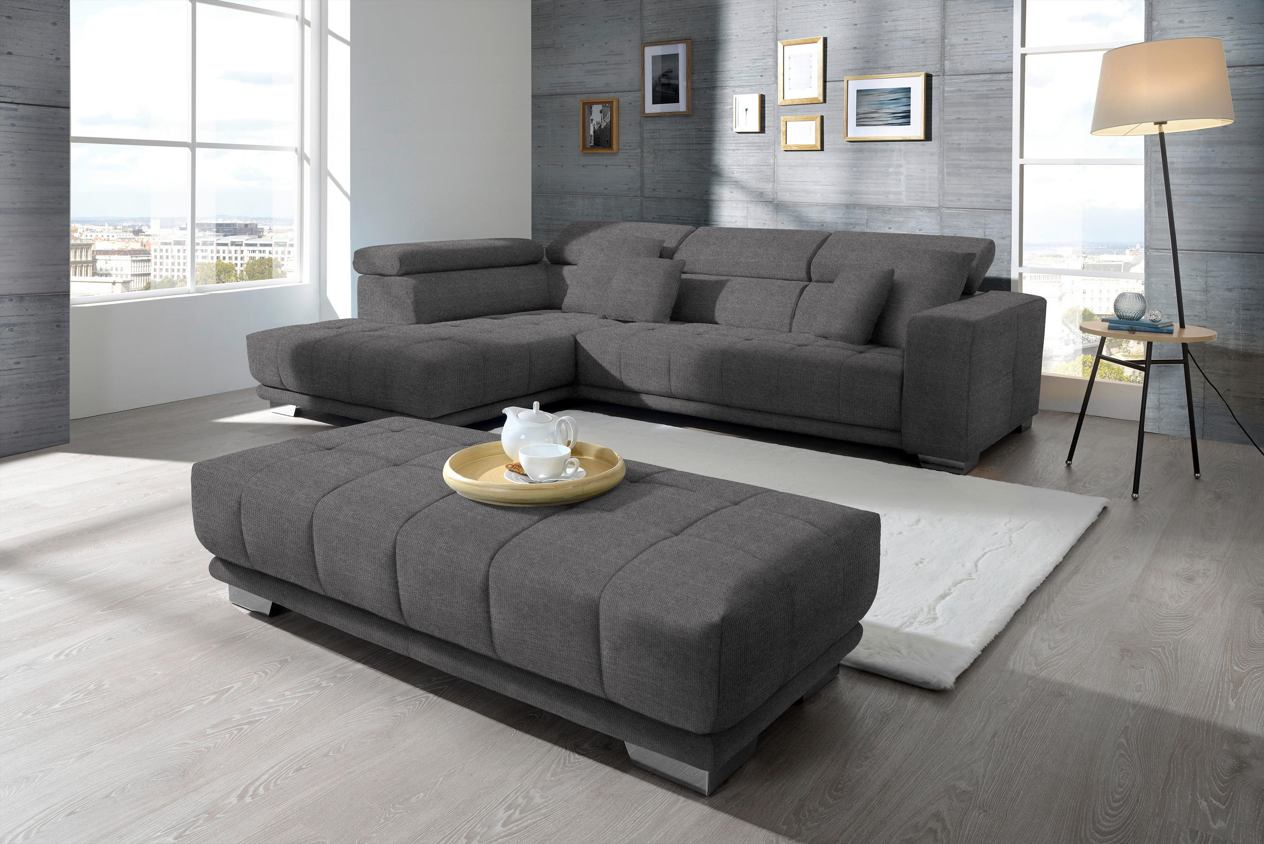 ECKSOFA in Mikrofaser Grau  - Chromfarben/Grau, Design, Textil/Metall (207/301cm) - Xora