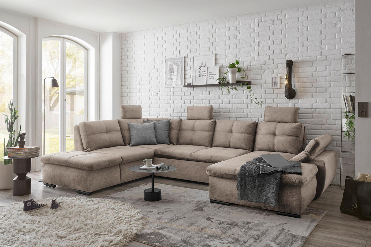 WOHNLANDSCHAFT in Mikrovelours Creme  - Creme/Schwarz, Konventionell, Kunststoff/Textil (217/334/127cm) - Carryhome