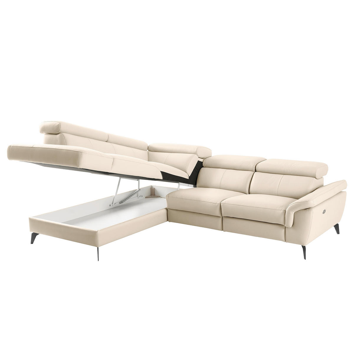 ECKSOFA SONO in Lederlook Echtleder Grau Bettkasten, Armteilverstellung, Kopfteilverstellung  210/265 cm  - Schwarz/Grau, Design, Leder/Textil (210/265cm) - Livetastic