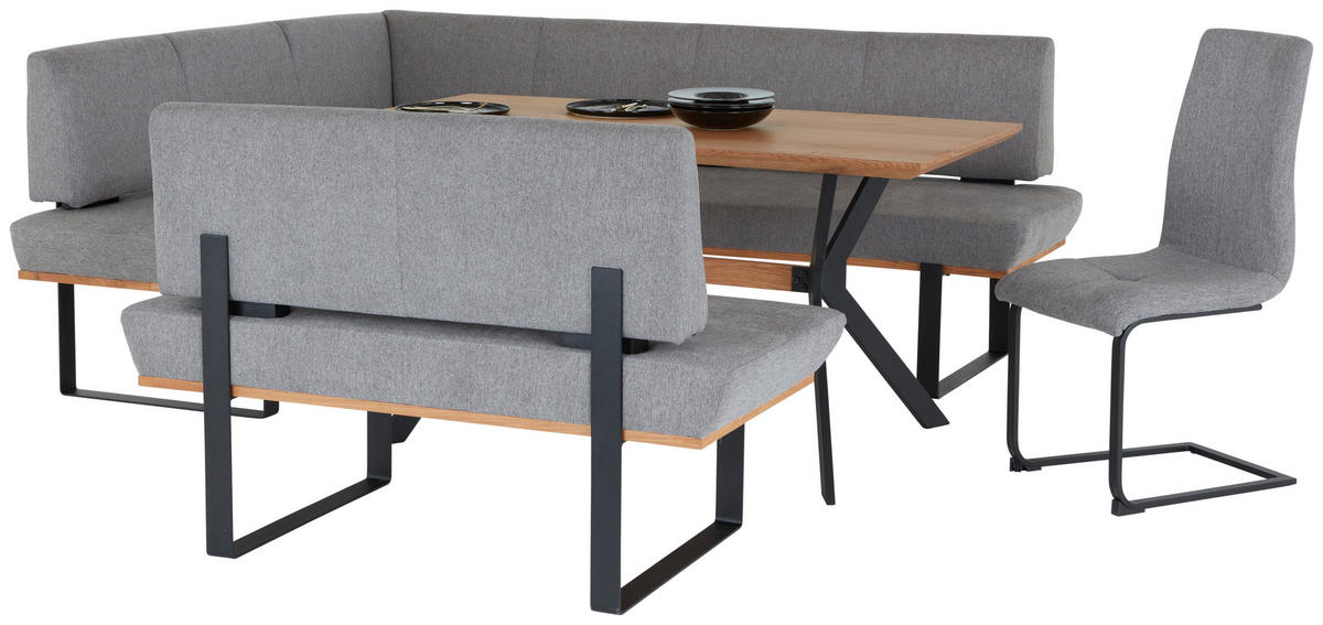 ECKBANK 175/225 cm Webstoff Grau Eiche vollmassiv   - Schwarz/Grau, MODERN, Holz/Textil (175/225cm) - Livetastic