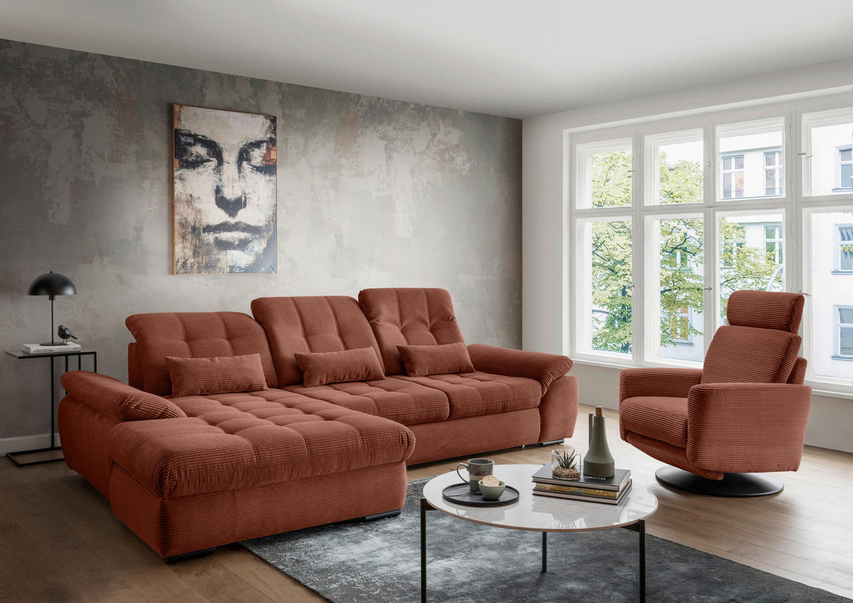 ECKSOFA in Cord Koralle  - Koralle/Schwarz, Modern, Textil/Metall (184/314cm) - Livetastic