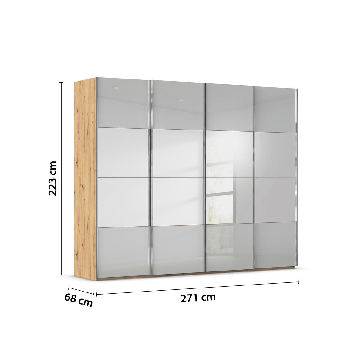 SCHWEBETÜRENSCHRANK 271/223/68 cm 4-türig Grau, Eiche Artisan  - Chromfarben/Eiche Artisan, Design, Glas/Holzwerkstoff (271/223/68cm) - Novel