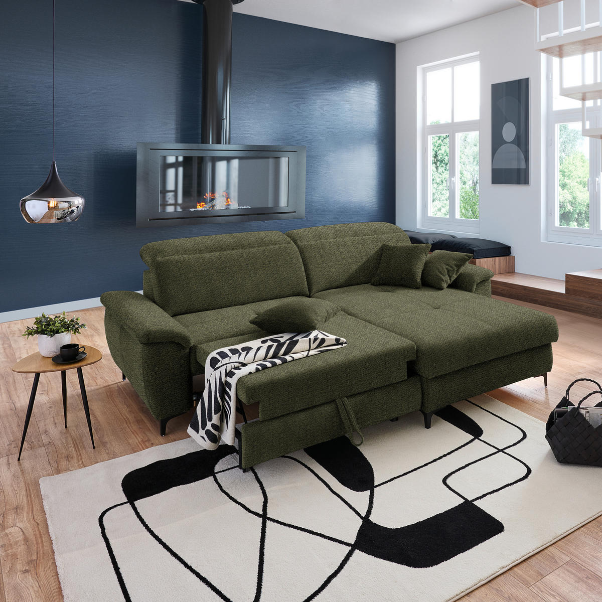 ECKSOFA in Chenille Dunkelgrün  - Dunkelgrün/Schwarz, Design, Textil/Metall (185/256cm) - Stylife