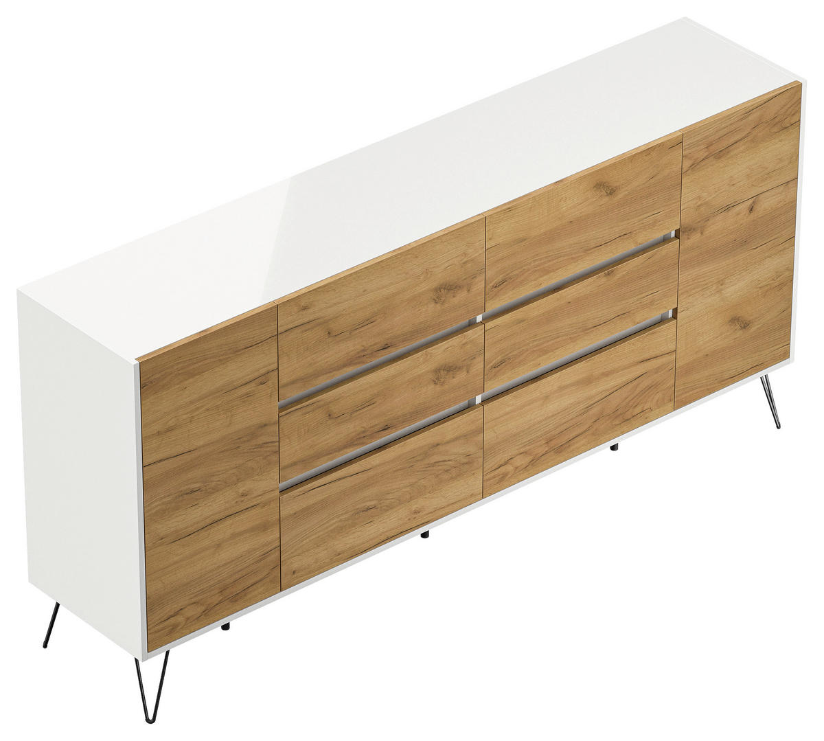 SIDEBOARD Posseik Industrial 199/93,6/42 cm 6 Schublade(n)  - Eichefarben/Weiß Hochglanz, Design, Holzwerkstoff/Metall (199/93,6/42cm) - P & B