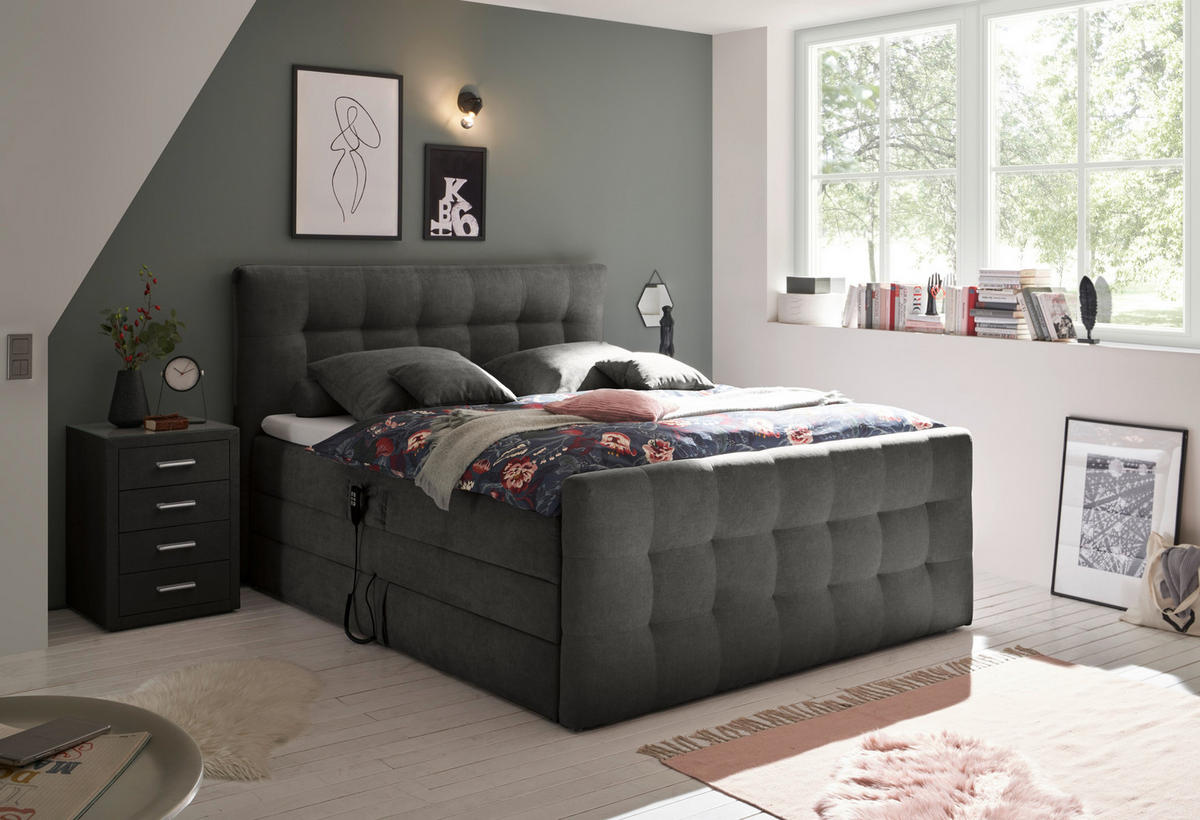 POLSTERBETT 180/200 cm,  in Grau, Matratze, gepolstertes Kopfteil, Bettkasten, Topper, motorische Verstellbarkeit, H2+H2=mittel bis ca.80kg  - Schwarz/Grau, KONVENTIONELL, Kunststoff/Textil (180/200cm) - Esposa