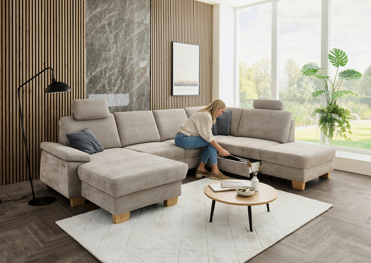 WOHNLANDSCHAFT Beldomo System in Flachgewebe Beige  - Eichefarben/Beige, KONVENTIONELL, Holz/Textil (167/316/235cm) - Beldomo System