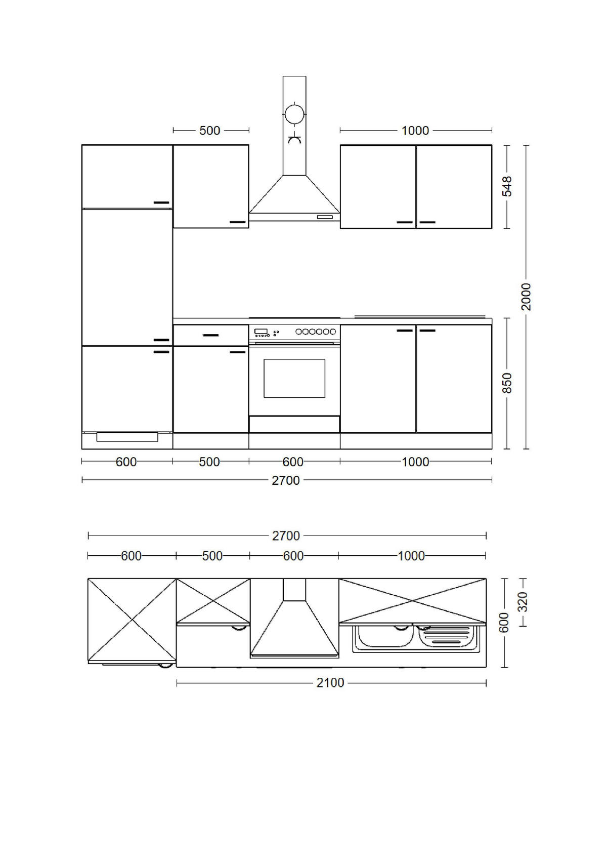 KÜCHENBLOCK 270 cm  in Eichefarben, Magnolie  - Eichefarben/Magnolie, Trend, Holzwerkstoff/Metall (270cm) - FlexWell