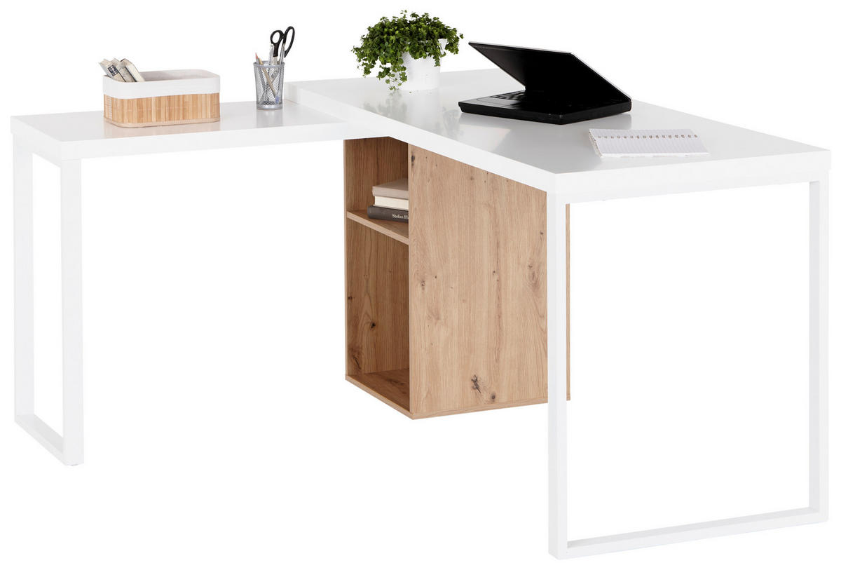 ECKSCHREIBTISCH 140/60/75 cm  in Eichefarben, Weiß  - Eichefarben/Weiß, MODERN, Holzwerkstoff/Metall (140/60/75cm) - MID.YOU